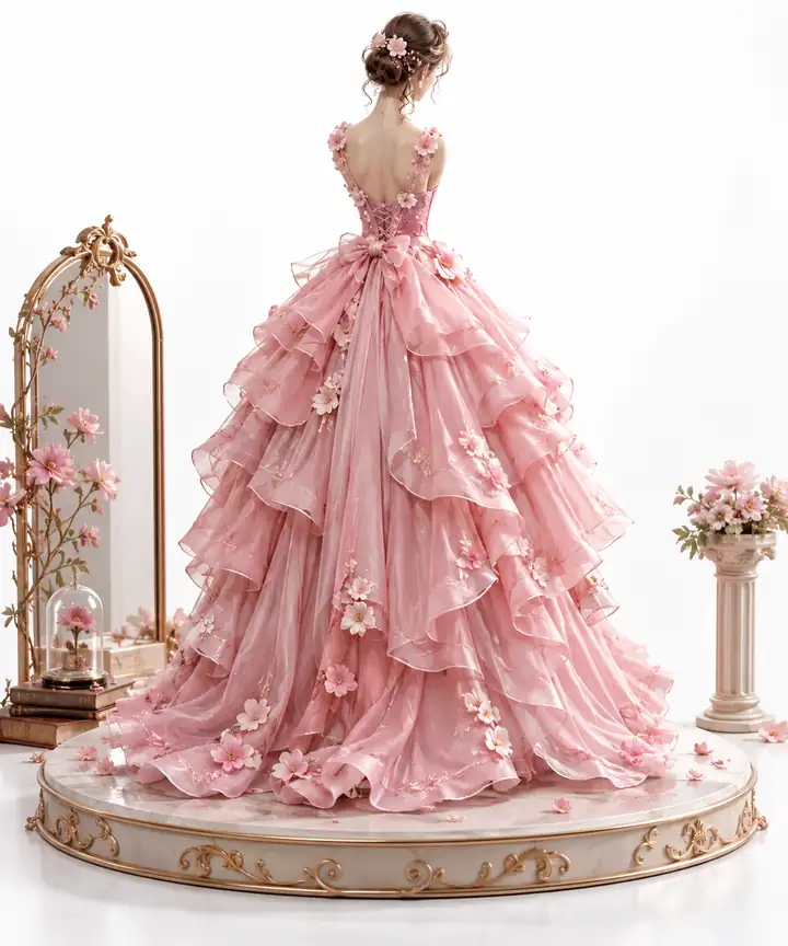 Ein verspieltes rosafarbenes Lagenkleid, als Mode-Sammlerstück auf weißem Hintergrund präsentiert.