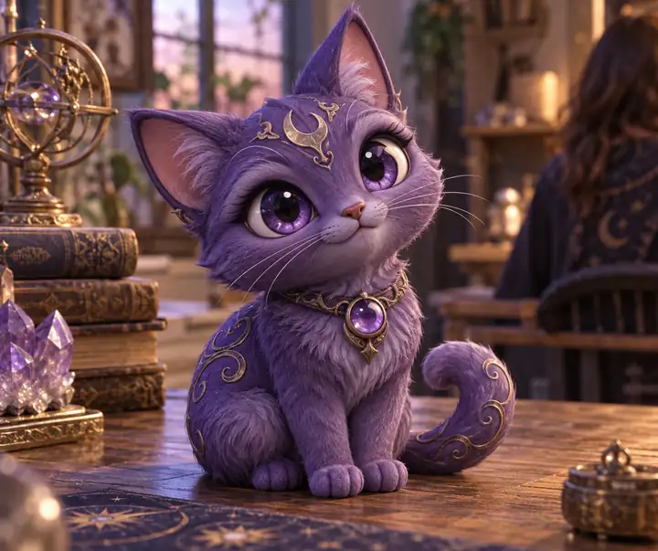 Eine kleine lilafarbene Fantasy-Katze mit übergroßen Augen und modellierten Details.