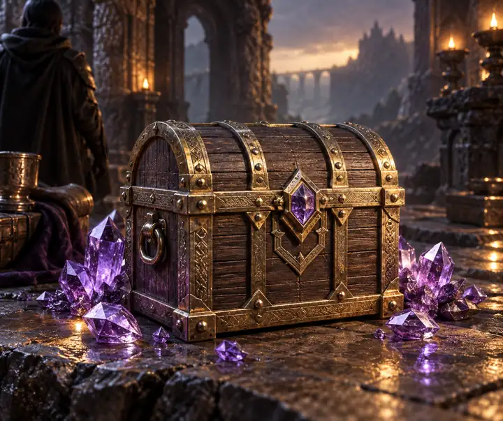 Ein Produktreferenzbild, das in eine hochwertig texturierte 3D-Schatztruhe mit violetten Kristallen verwandelt wurde.