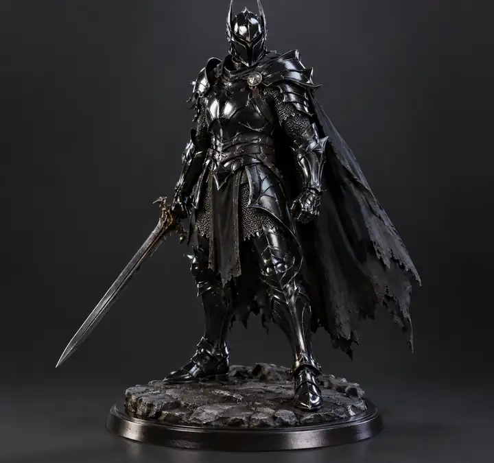 Eine glänzende schwarz gepanzerte Figur, als kompaktes 3D-Modell gerendert.