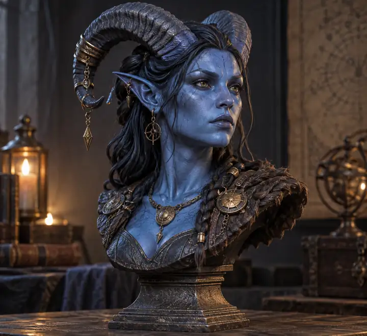 Eine blaue gehörnte Fantasy-Büste, als detailliertes skulpturales 3D-Modell gerendert.
