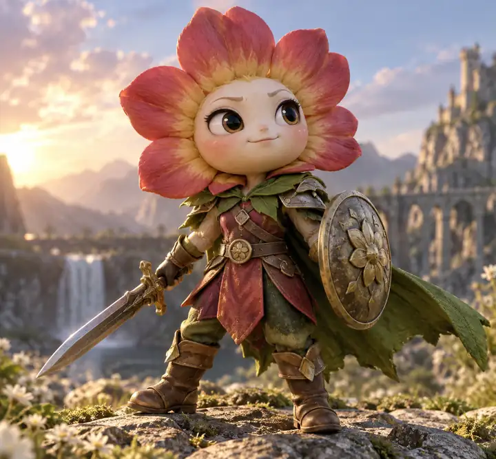 Ein kleiner Krieger mit Blumenkopf, als farbenfroher 3D-Charakter gerendert.