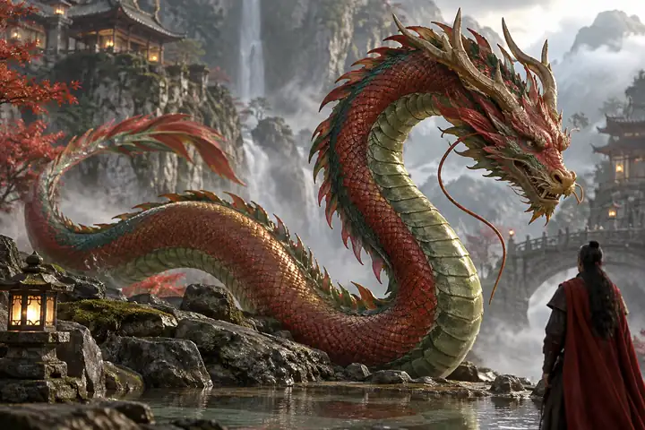Eine lange rot-grüne Fantasy-Schlange, als detaillierter 3D-Charakter gerendert.