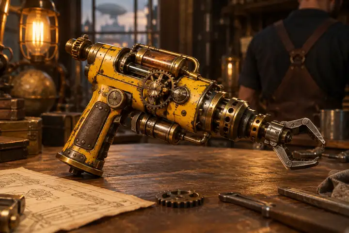 Ein gelbes und messingfarbenes Steampunk-Werkzeug, als detailliertes 3D-Requisit gerendert.