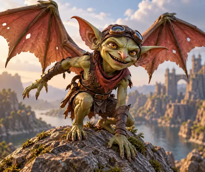 Eine geflügelte Goblin-Kreatur, als farbenfrohes stilisiertes 3D-Modell gerendert.