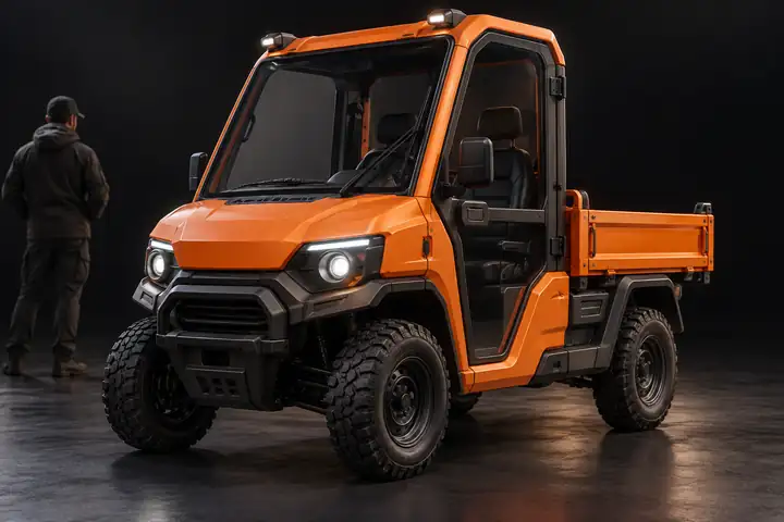 Ein kompaktes orangefarbenes Nutzfahrzeug, als sauberes, stilisiertes 3D-Modell vor einem dunklen Studiohintergrund dargestellt.