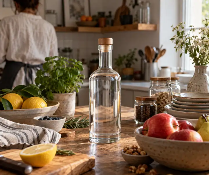 Eine klare Glasflasche, umgeben von Geschirr, Obst, Gläsern und anderen ablenkenden Küchenobjekten.