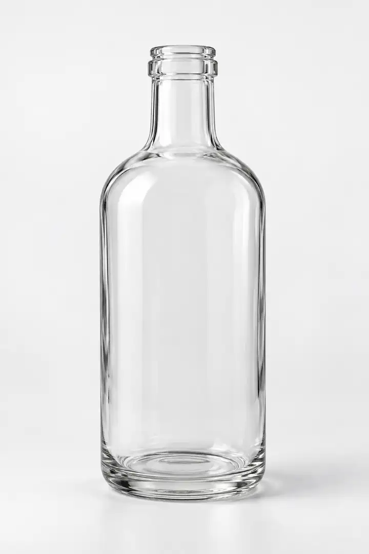 Eine klare Glasflasche, isoliert vor einem schlichten hellen Hintergrund mit unbehinderter Umrisslinie.