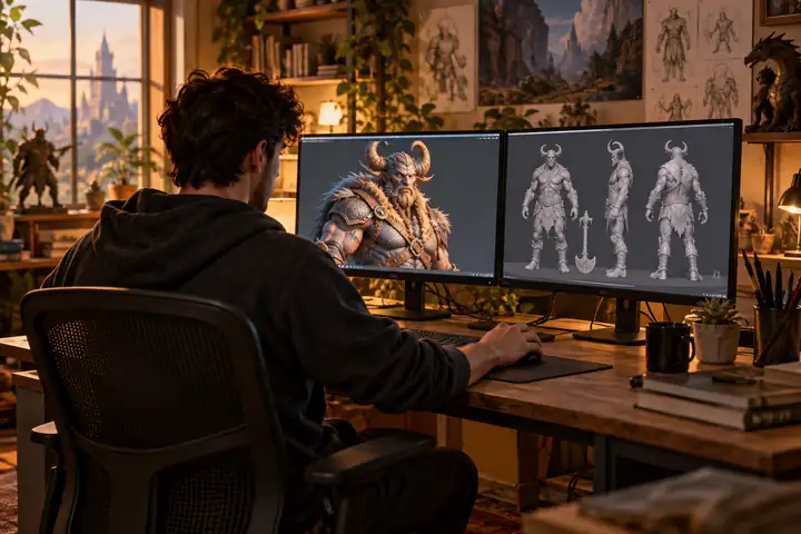 Ein junger Indie-Spieleentwickler arbeitet an einem Schreibtisch mit zwei Monitoren, auf denen detaillierte Fantasy-3D-Charaktere in einem warmen kreativen Studio zu sehen sind.