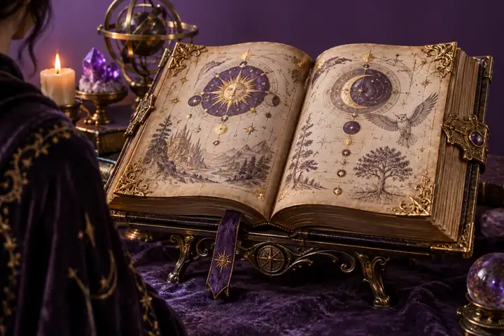 Ein geöffnetes Zauberbuch mit goldenen Details, das als detailliertes 3D-Asset vor einem violetten Hintergrund präsentiert wird.
