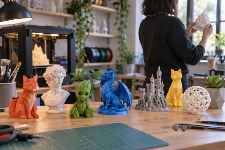 Eine Sammlung kleiner farbenfroher druckbarer Skulpturen, die auf einem sauberen Werkstatttisch angeordnet sind.