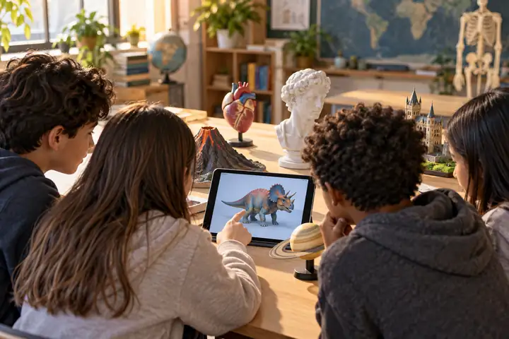 Schülerinnen und Schüler, die sich in einem Klassenzimmer um ein Tablet versammelt haben und farbenfrohe pädagogische 3D-Modelle erkunden.