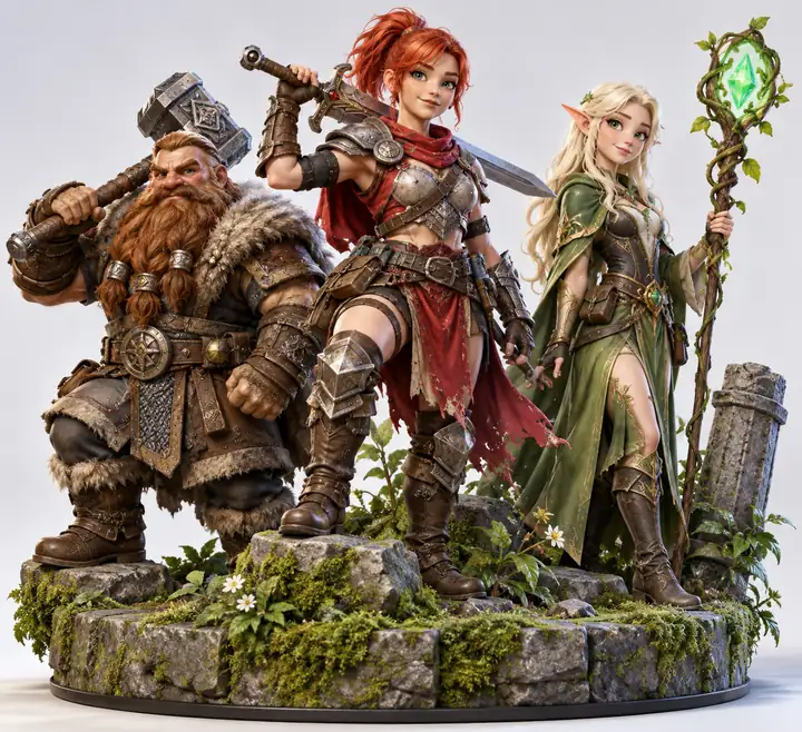 Drei farbenfrohe Fantasy-Spielcharaktere, die gemeinsam auf einer kleinen moosbewachsenen Plattform in einer hellen Studioszene posieren.