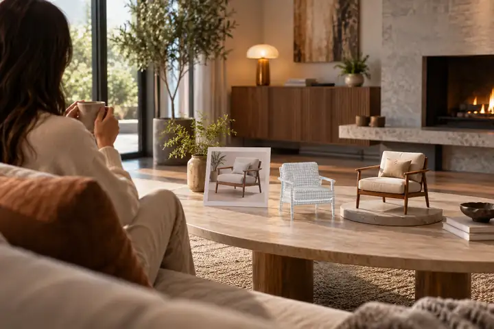 Ein warmes zeitgenössisches Wohnzimmer, als hochwertige Visualisierung eines Innenarchitekturdesigns dargestellt.